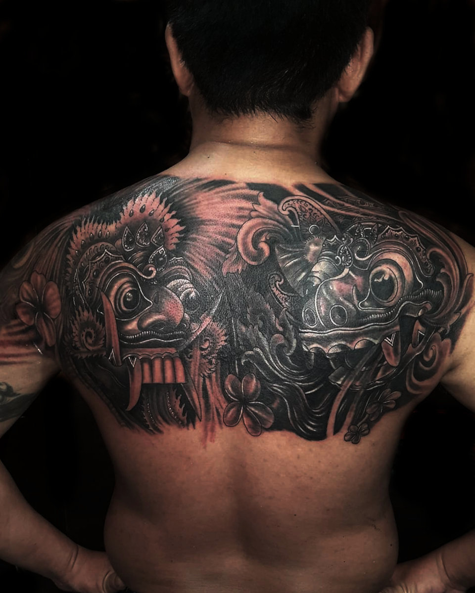 Anahata Ink Tattoo Kuta - Barong and Rangda Bali Tattoo, Half Back Full Tattoo of Balinese Oriental Tattoo