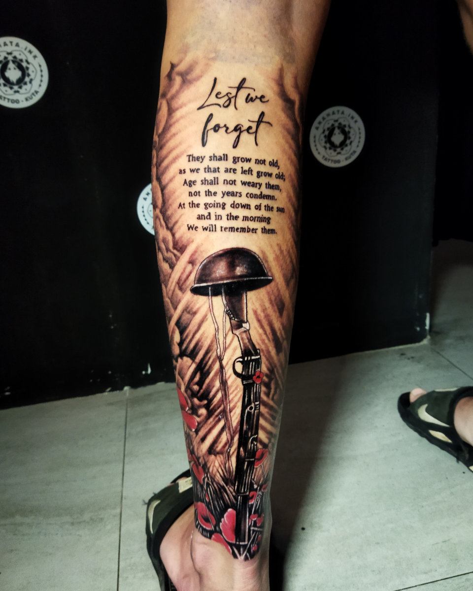 Anahata Ink Tattoo Kuta Bali - Calf Tattoo with Anzac Day Theme