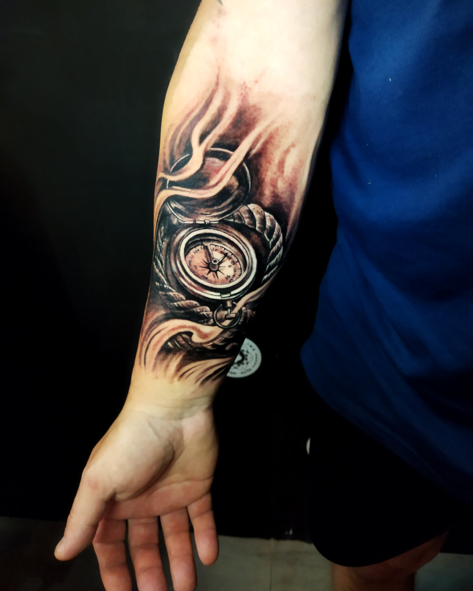 Anahata Ink Tattoo Kuta Bali - Large Compass Tattoo Quarter Sleeve