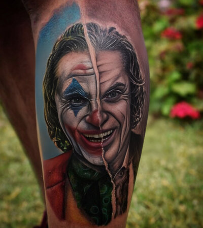 Anahata Ink Tattoo Kuta Bali - Quarter Leg Joker Transformation Color Tattoo