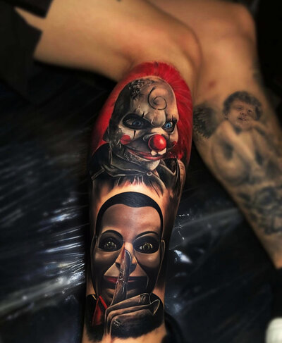 Anahata Ink Tattoo Kuta Bali - Clown Colorfull Lower Leg Quarter Sleeve Tattoo