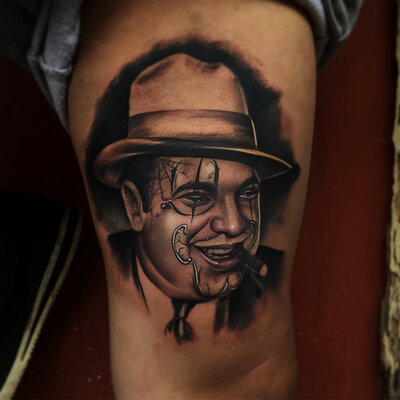 Anahata Ink Tattoo Kuta Bali - Upper Leg Black Grey Don Portrait Tattoo