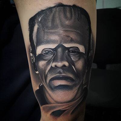 Anahata Ink Tattoo Kuta Bali - Thigh Black Grey Frankenstein Portrait Tattoo