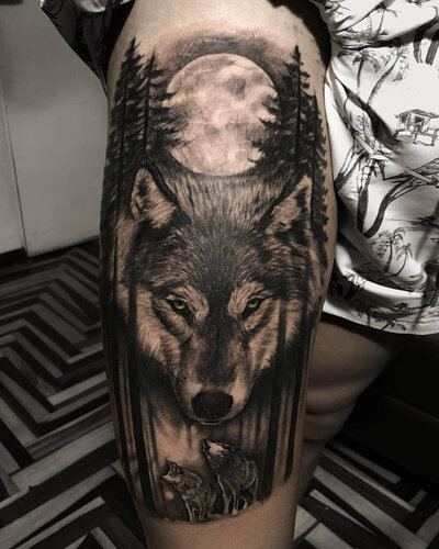 Anahata Ink Tattoo Kuta Bali - Thigh Jungle Wolf Tattoo