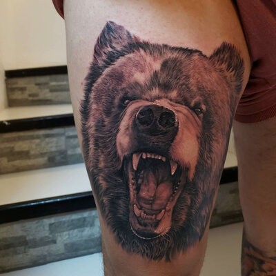 Anahata Ink Tattoo Kuta Bali - Upper Leg Angry Bear Black Grey Tattoo