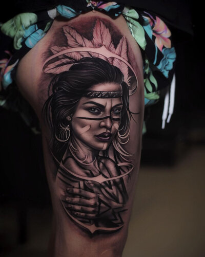 Anahata Ink Tattoo Kuta Bali - New School Apache Girl Tattoo Portrait in Black and Grey