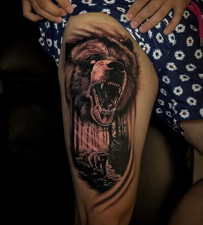 Anahata Ink Tattoo Kuta Bali - Thigh Angry Bear Jungle Tattoo in Black and Grey