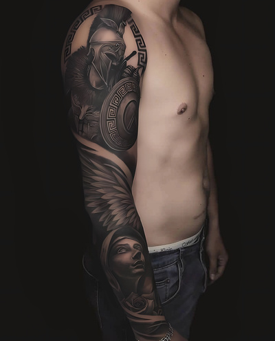Anahata Ink Tattoo Kuta Bali - Full Sleeve Black Grey Spartan Tattoo with Angels