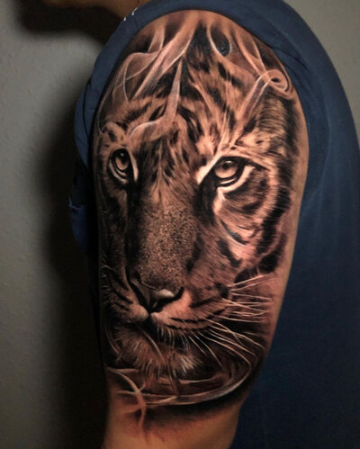 Anahata Ink Tattoo Kuta Bali - Upper Arm Quarter Sleeve Realism Tiger Tattoo