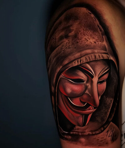Anahata Ink Tattoo Kuta Bali - Quarter Sleeve Tattoo Man in Vendeta Mask